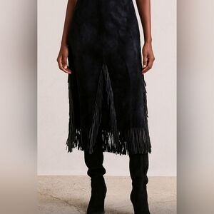 Black Suede Fringe Midi Skirt Boho Western Style – Size XS